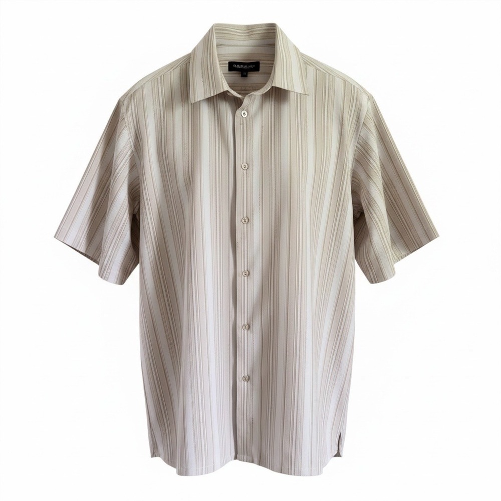Bassiri Uomo‎ Mens M Tan Striped Microfiber Short Sleeve Button Up Casual Shirt